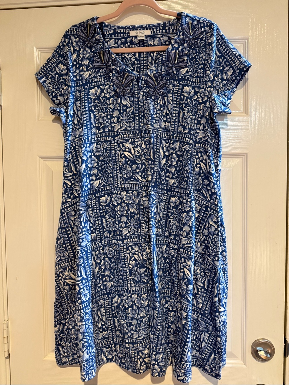Go Softly Patio Blue Floral Embroidered Zip Front Dress Medium